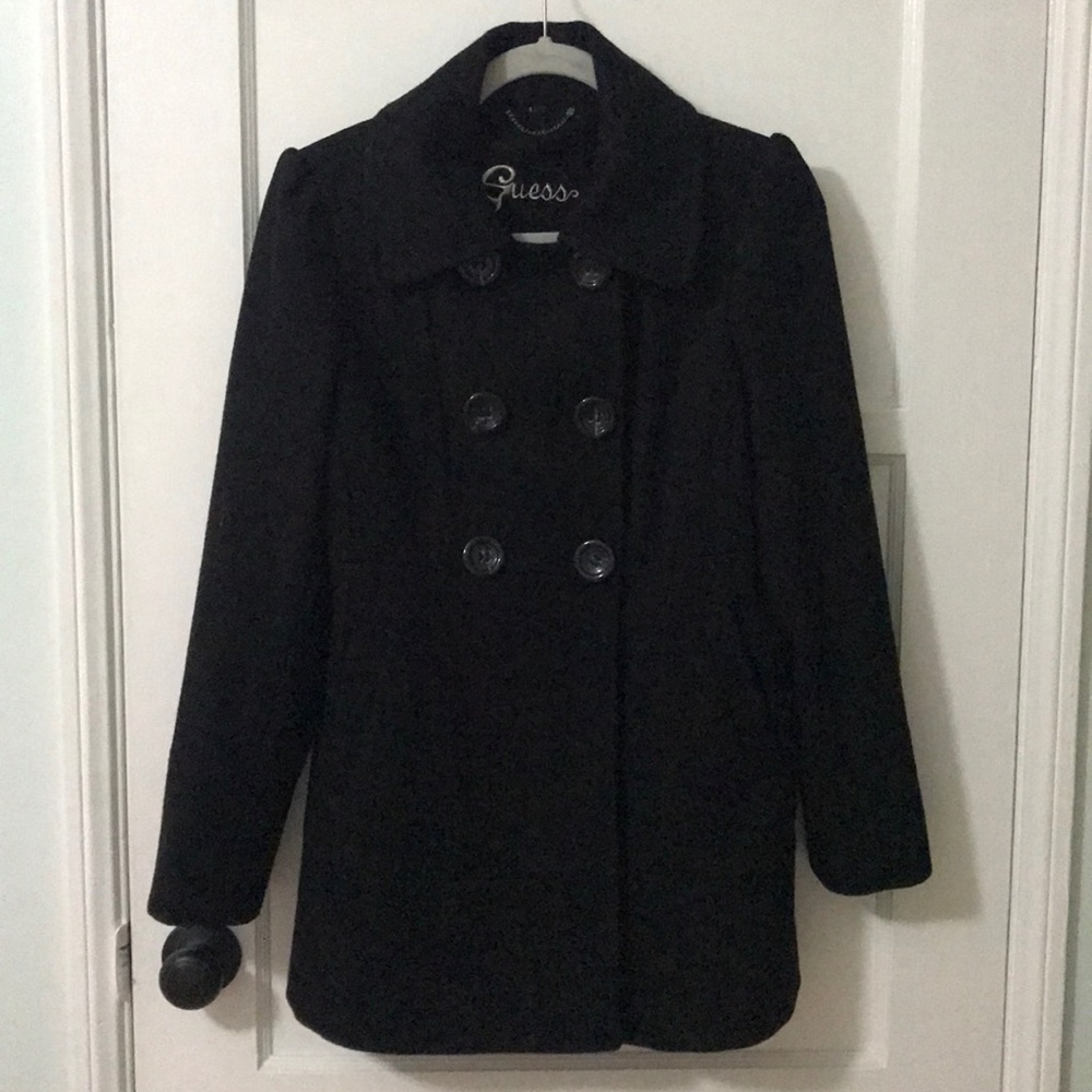 GUESS Women's Black Double-Breasted Wool Blend Coat